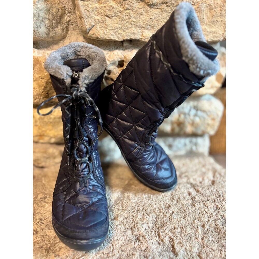 COLUMBIA Powder Summit II Black Gray Down Faux Fur Waterproof Winter Boots 8.5